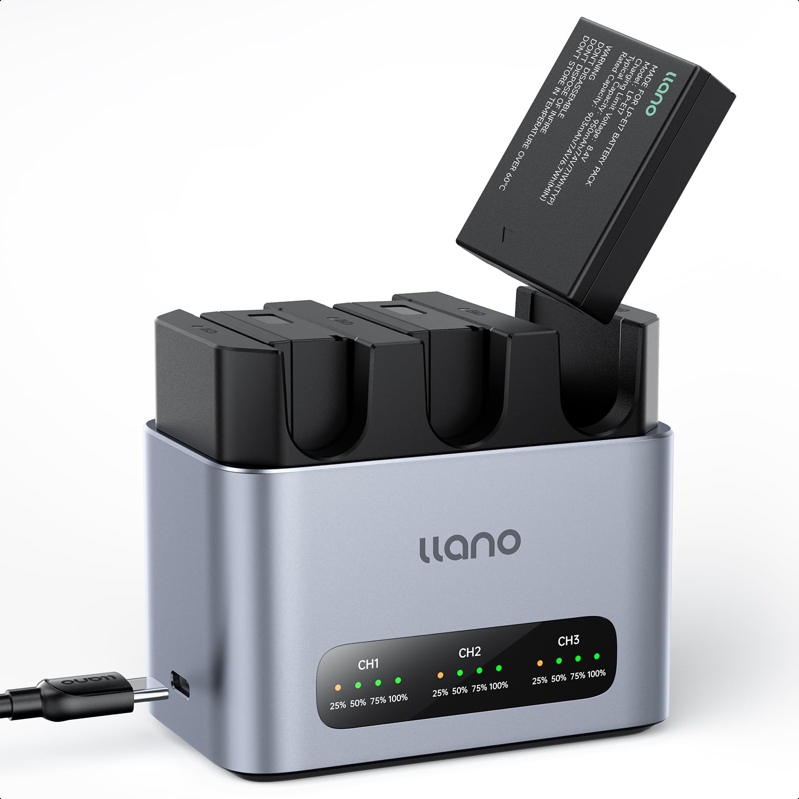 llano 3 pacchi di batterie LP-E17 & set caricabatterie rapido 30W: caricabatterie a 3 slot per Canon EOS R50 R8 R10 R100 RP T6i T7i T8i T6s SL2 SL3 M3 M5 M6 77D 200D 250D 750D 760D 800D 8000D, USB-C