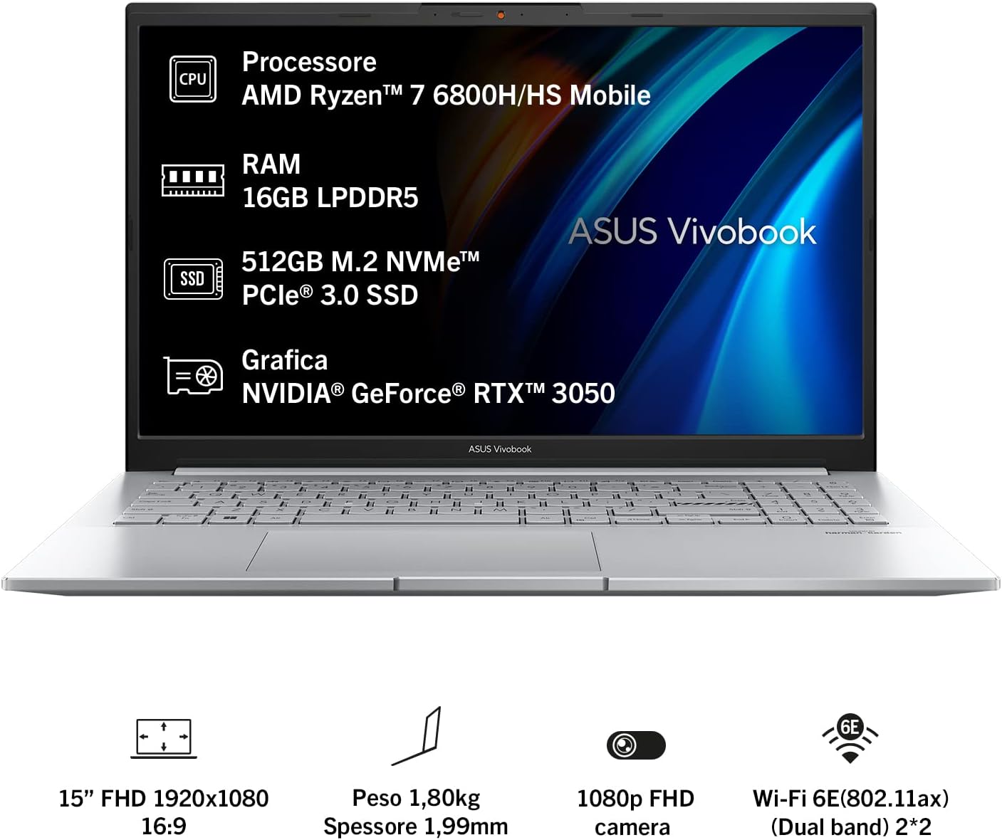 ASUS Vivobook Pro 15 M6500RC-HN058W, Notebook con Monitor 15,6 FHD Glossy, AMD Ryzen 7 6800H, RAM 16GB, 512GB SSD PCIE, NVIDIA GeForce RTX 3050 4GB GDDR6, Windows 11 Home, Argento