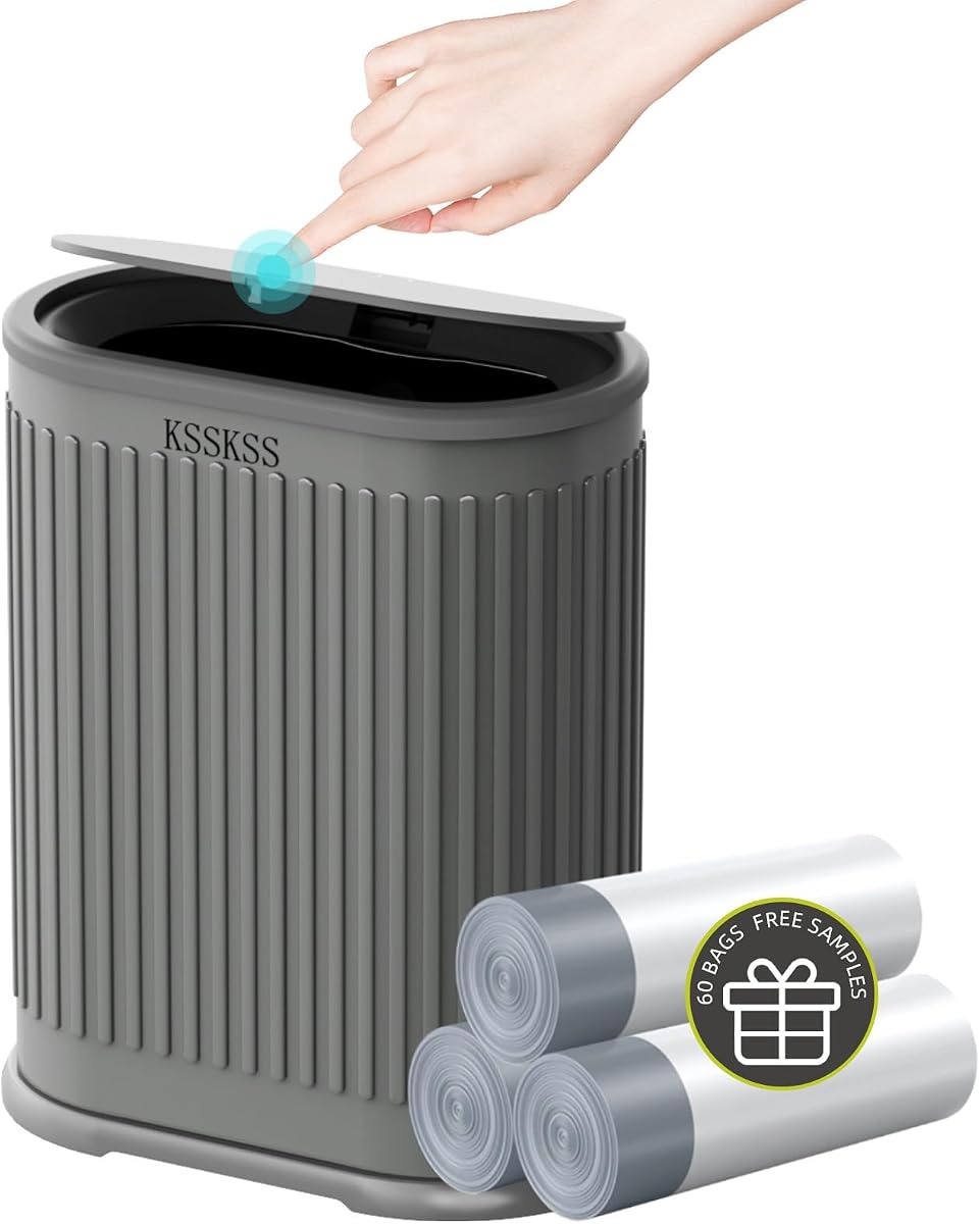1.8 Gallons Small Stainless Steel Trash Can with Press Type Lid, Slim Bathroom Garbage Bin, Removable Liner Bucket, Dog Proof Narrow Wastebasket with Pop-Up Lid for Bedroom,Toilet (Gray)
