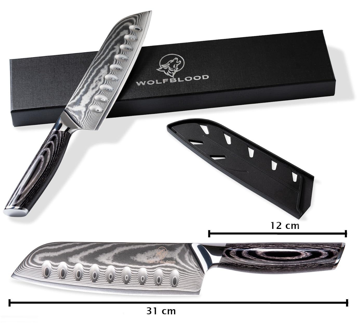 Wolfblood PRO Damastmesser Santoku Messer XL (31cm) TÜV geprüfter 62 HRC Damaststahl aus 67 Lagen I Damast-Küchenmesser Santokumesser mit Holzgriff Geschenkbox und Klingenschutz