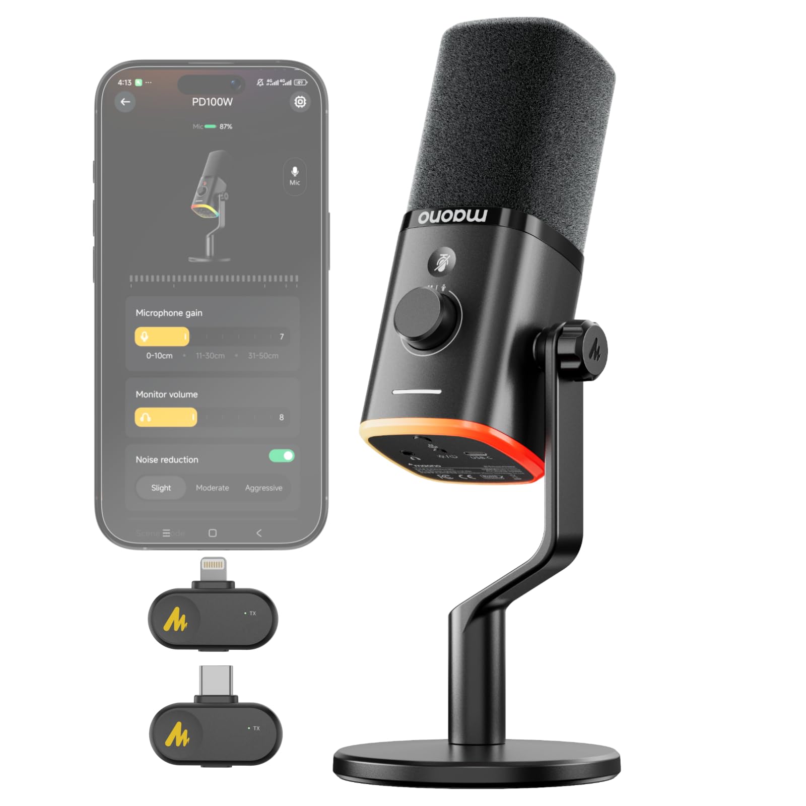 MAONO PD100W Wireless Dynamic Microphone for iPhone, Android &amp; PC (Black)