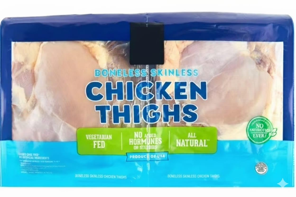 Boneless and Skinless Chicken Thighs , Perfect for frying, baking, or marinating, these dark meat chicken thighs are naturally tender, making them ideal for kabobs, casseroles, and more. Their rich flavor pairs beautifully with bold seasonings and marinades, ensuring a satisfying dish every time. Not only that, but each serving packs 22g of protein. [ 5.5 POUND ]