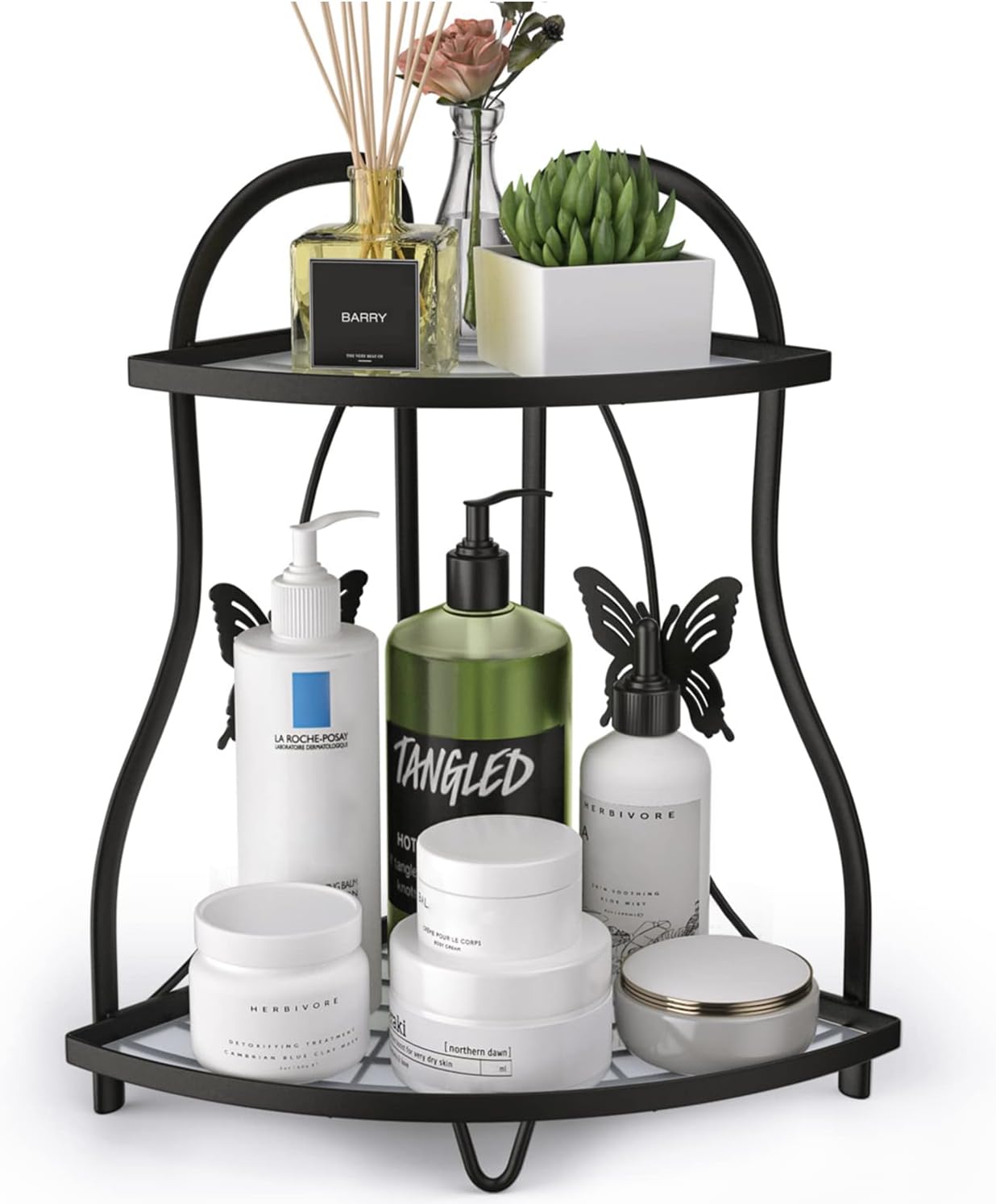 Tamomic 2 Tier Corner Bathroom Sink Organizer Countertop Shelves,Vanity Organizer Trays Shelf Storage with Decor Butterfly,Black