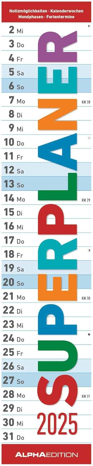 Alpha Edition - Super Planner 2025 Striped Calendar, 17 x 85 cm, Kitchen Calendar with a Large Column for Appointments, Plenty of Space for Note Options, Moon Phases and German Calendar      Calendar – Wall Calendar, May 1, 2024