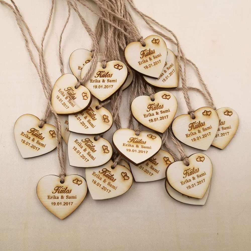 Etiquetas de madera personalizadas para GUARDAR LA FECHA, recuerdo de boda, recuerdo de ducha nupcial rústica, Personalizado corazón de madera (50 Piezas)