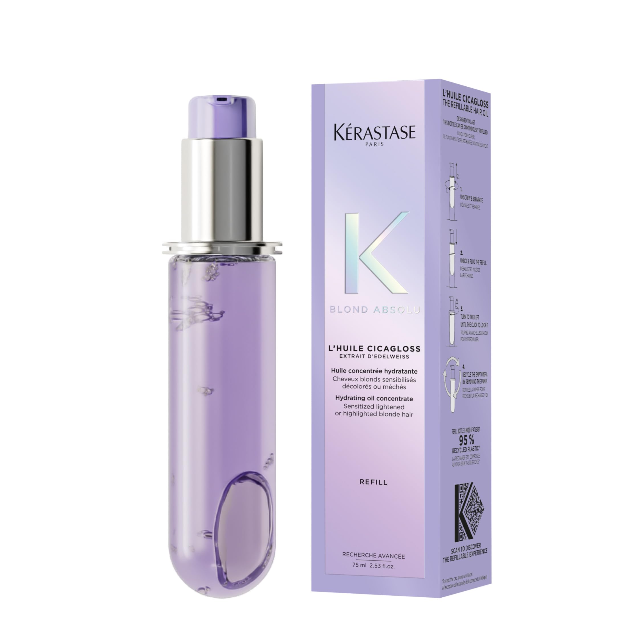 Kérastase Blond Absolu l'Huile Cicagloss, wzmacniający olejek pielęgnacyjny do włosów blond lub rozjaśnionych, regenerujący i stabilizujący do pielęgnacji włosów, z ochroną przed wysoką temperaturą,