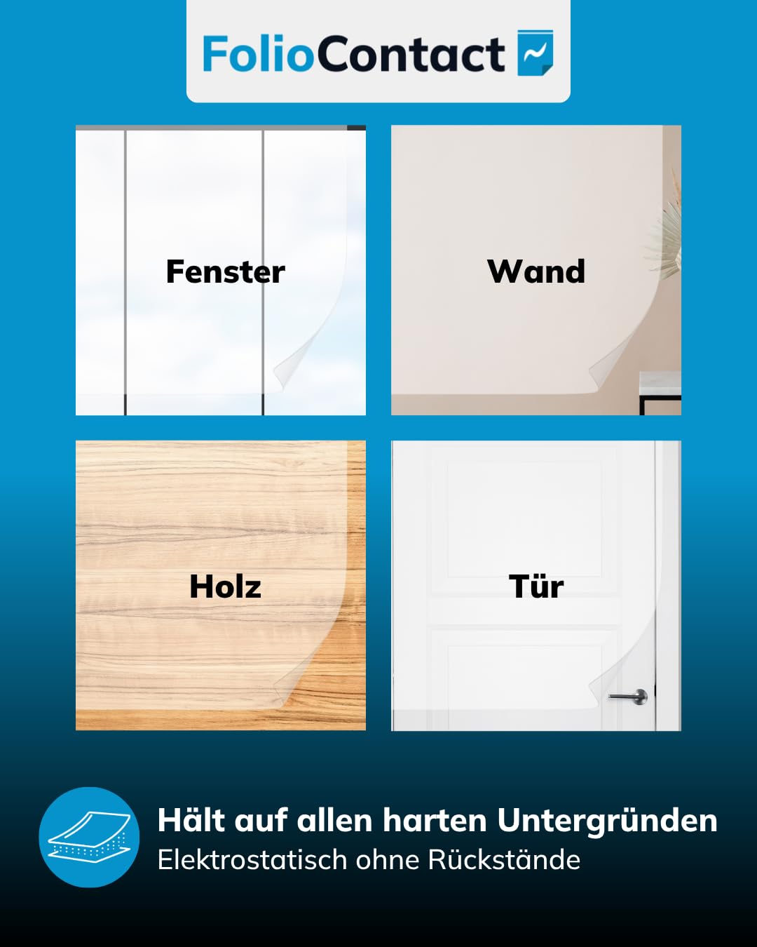 FolioContact Clearboard Folie transparent – statisch haftende Schreibfolie, wiederbeschreibbar & trocken abwischbar – ohne Kleber – 25 Blatt 60 × 80 cm inkl. Boardmarker für Glas, Wand & Büro