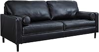 Ashley Bryceview Black Leather Match Tufted Sofa with 2 Pillows - Mid-Century Modern Couch 88" Wide