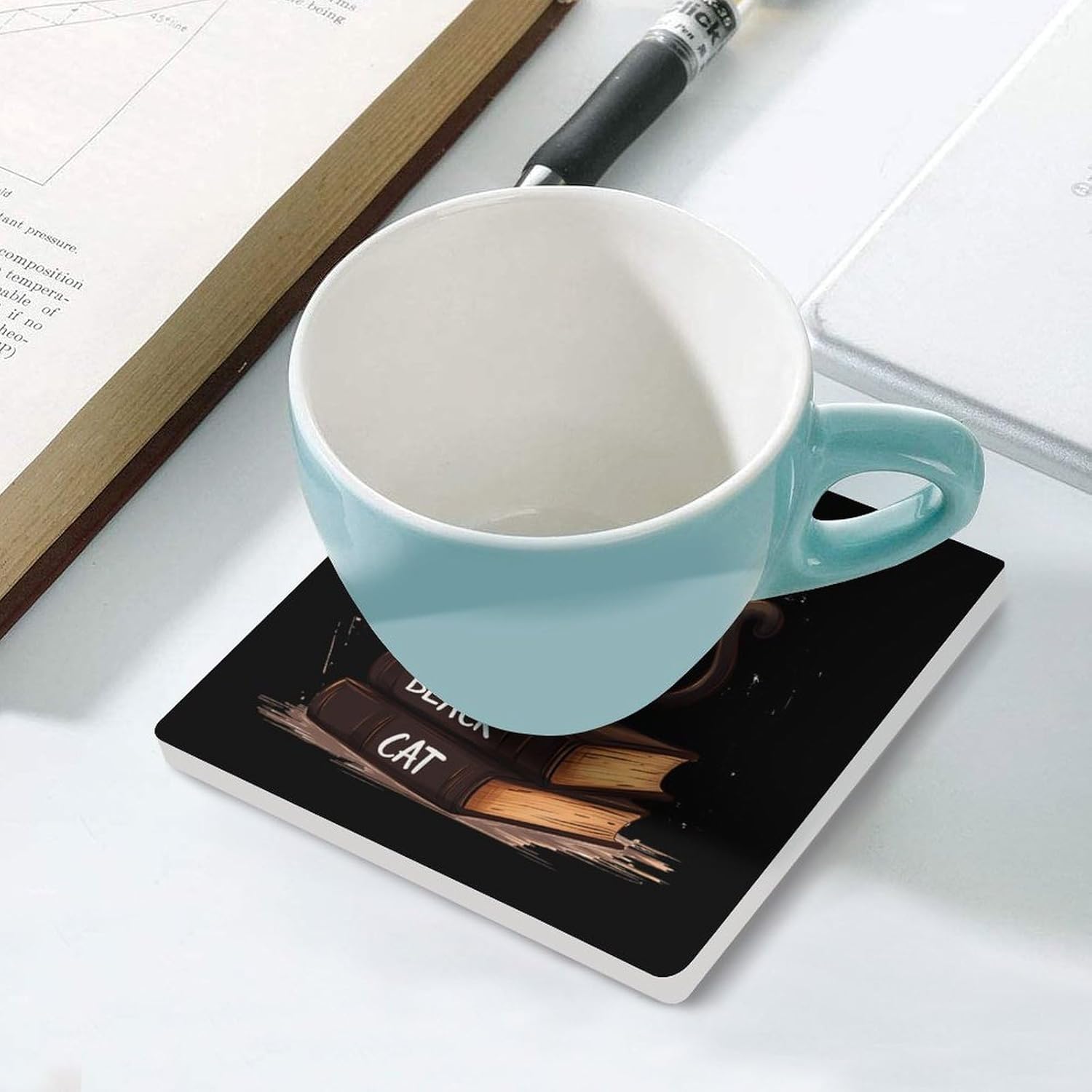 Black Cat Books Coasters for Drinks Square Table Coasters Set Cup Mats with Cork Base