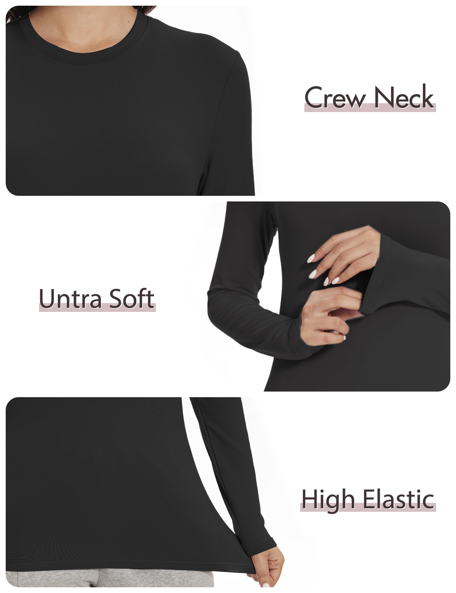 5 Pack Womens Basic Long Sleeve Shirts Crew Neck Slim-Fit Fitted T Shirts Tops Undershirts Underscrub Baselayer