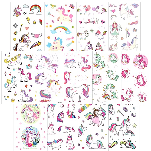 Girls Unicorn Temporary Tattoos, Konsait 145pcs Unicorn Tattoo Kids Unicorn Party Supplies Great Girls Party Favors For Children's Birthday Party Goody Bag Pinatta Fillers Beach Pool Party(13 Sheets)