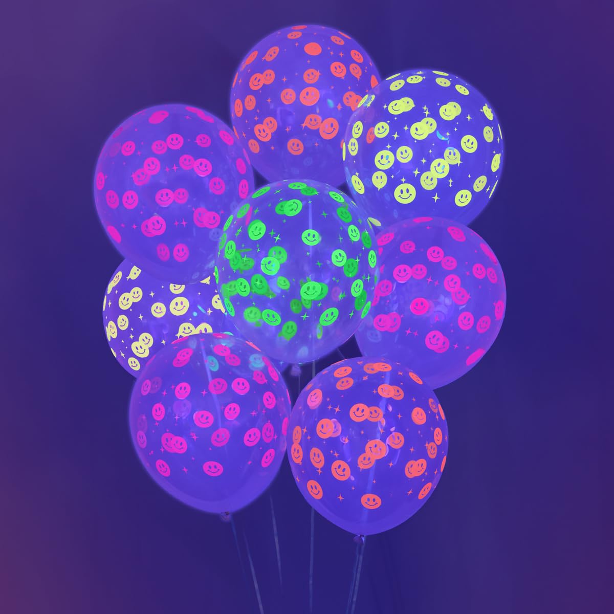 xo, Fetti Black Light Neon Smiley Print Latex Balloons - 24 pk, 12" | Groovy Rave Bachelorette Decorations, Preppy Birthday Party Supplies, Baby