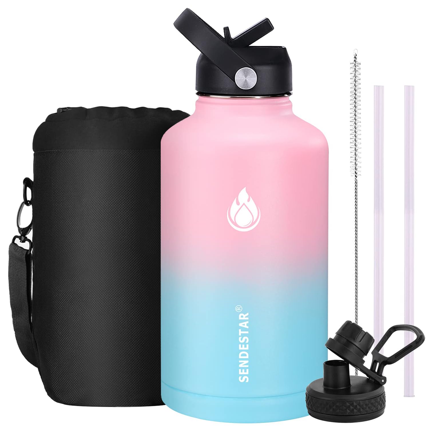 SENDESTAR Water Bottle 64oz Double Wall Vacuum Insulated Leak Proof Stainless Steel Sports Water Bottle—Wide Mouth with New Flex Straw Lid & Spout Lid (Peach&Light Blue)
