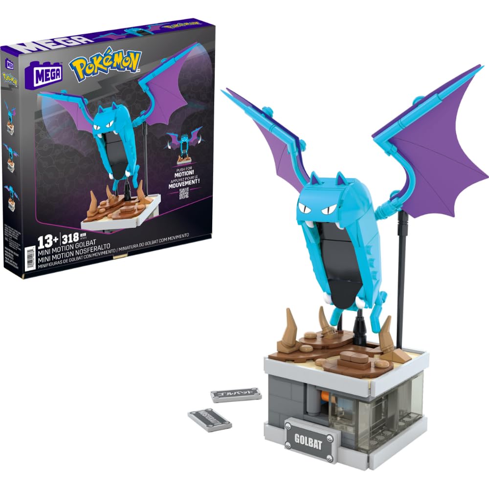 MEGA Pokémon - Golbat Mini Motion, personaggio meccanizzato da costruire con 318 pezzi e sistema Mattoncino per il movimento delle ali, set da collezione, giocattolo per bambini, 13+ anni, HTH72