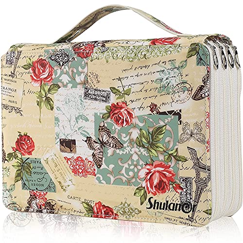 Shulaner Federmäppchen 200 Slots mit Reißverschluss, Schmetterlingen und Rosenmuster 4 Schichten Bleistifttasche, wasserdichter Lederstift Organizer 200 Fächer Federmappen - Gelb Cover