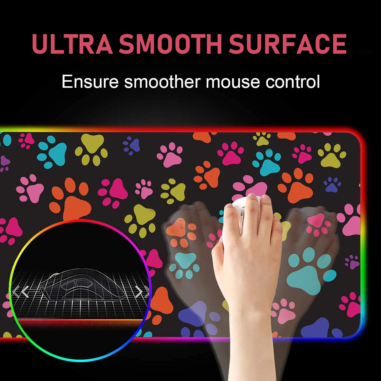 RGB Gaming Mouse Pad with Coffee Coaster, Multicolor Dog Paws Design XXL Large Glowing LED Mousepad, Anti-Slip Rubber Base, Computer Keyboard Desk Mouse Mat 31.5 X 11.8 Inch