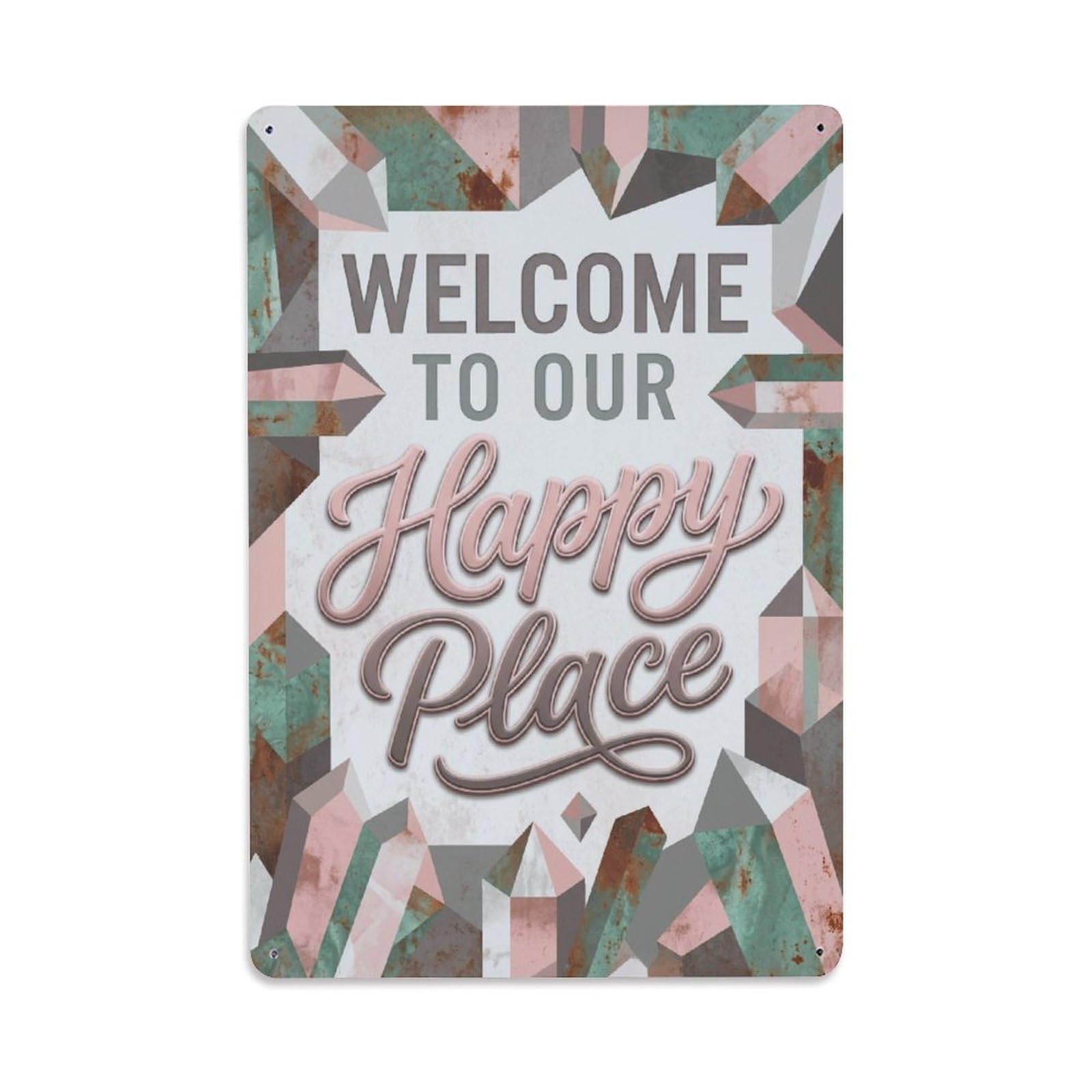 Okngb Style Welcome Happy Place Quartz Crystal Leafy Border Gate Metal Tin Sign Plaque Wall Decor For Cafe, Man Cave, Club Bar, Office, Home Garden Round Metal Poster 8X12inch
