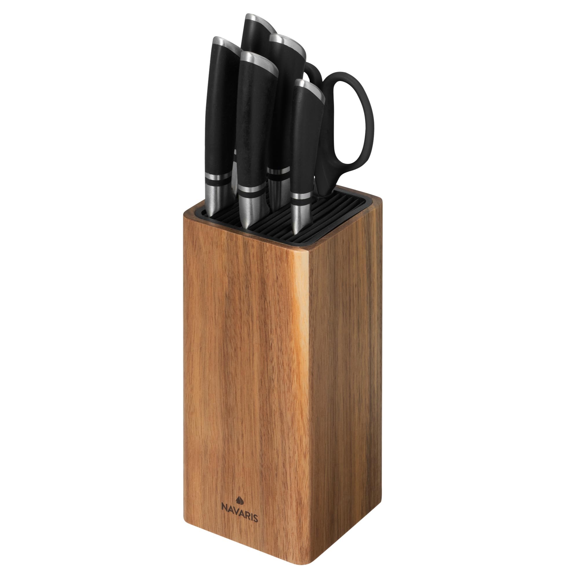 Navaris Wooden Kitchen Knife Block with Slots - Universal Knife Holder Storage Stand - Acacia Wood Knife Block - Built-in Scissors Section - Drainage Holes & Anti-Slip