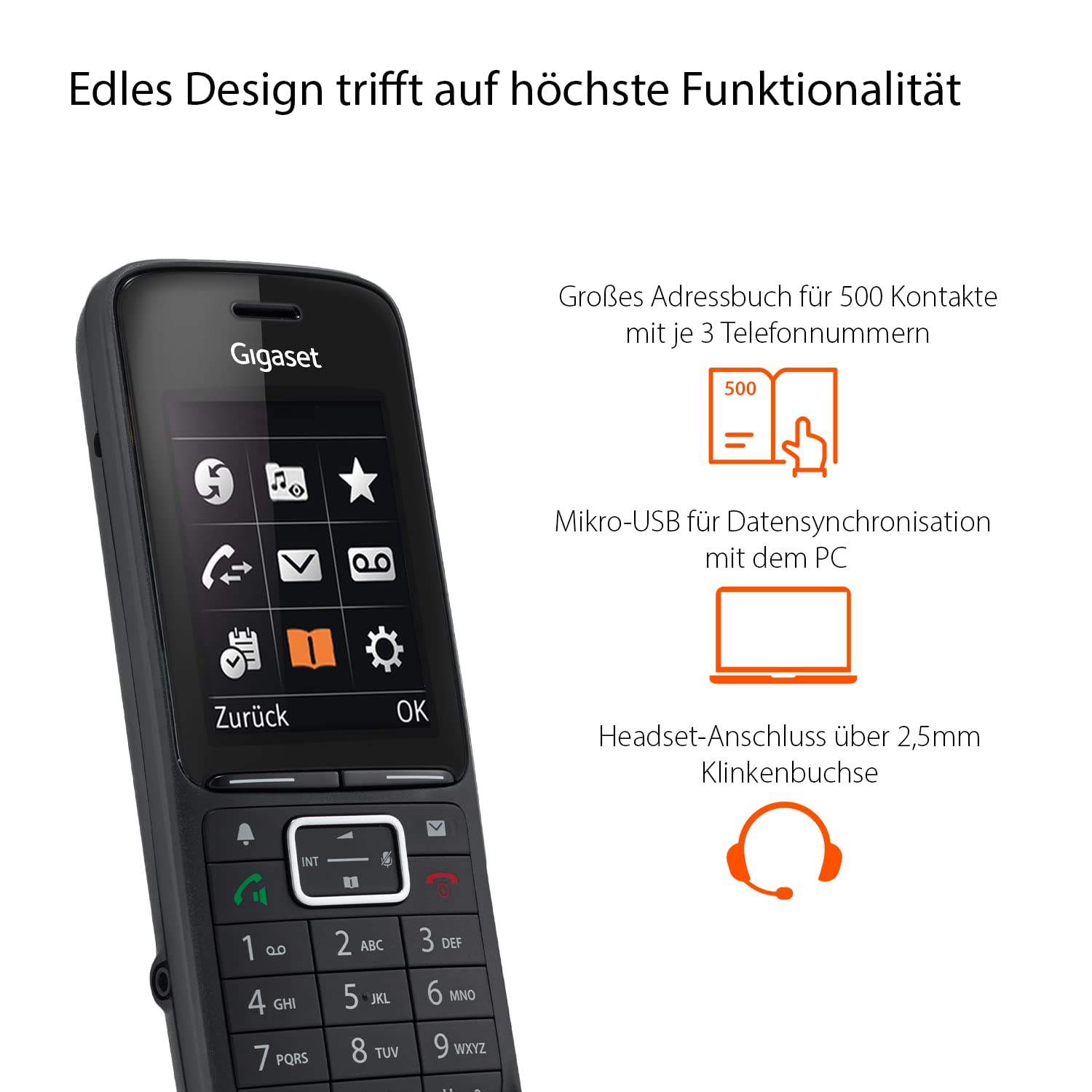 Gigaset PREMIUM 300HX - DECT-Mobilteil mit Ladeschale - Fritzbox-kompatiblel - hochwertiges Schnurloses Telefon für Router und DECT-Basis - Farbdisplay - exzellente Sprachqualität, schwarz