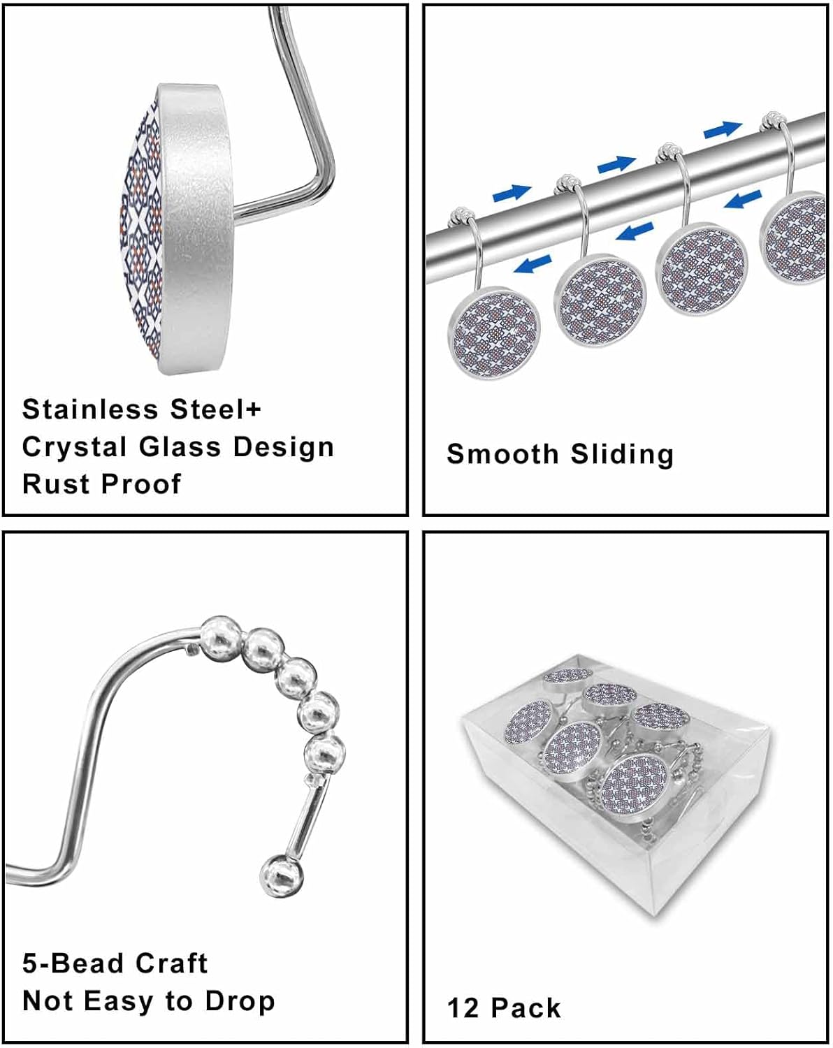 Shower Curtain Hooks 12 Pcs Red Blue Watercolor Geometric Art Pattern Stainless Steel Rust Proof Rolling Shower Curtain Rings, Decorative Shower Curtain Hooks Hangers for Bathroom