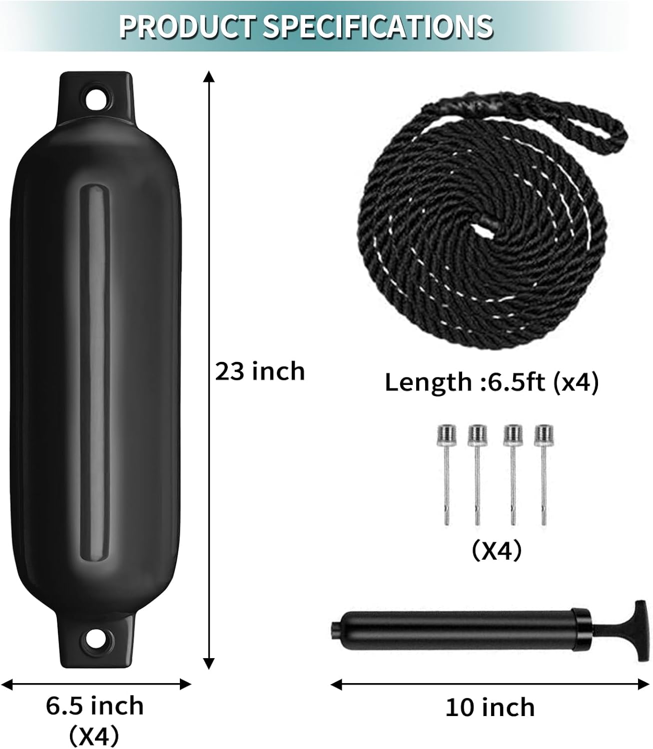 boat fenders 4pack 4.5"/5.5."/6.5"/8.5" inflatable ribbed marine boat fender with fender lines 6.5ft needles and pump for twin eyes boat fender bumpers for docking fenders use to yacht etc black 6.5 inch