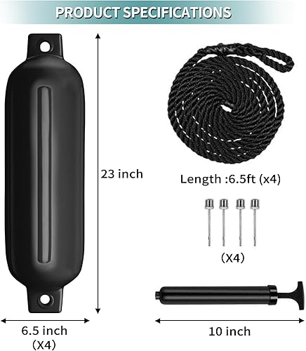 Vista 35 de Guardabarros de barco 4.5"/5.5"/6.5"/8.5" / 8.5" con líneas de guardabarros, agujas de 6.5 pies y bomba para gemelos ojos, parachoques de Negro