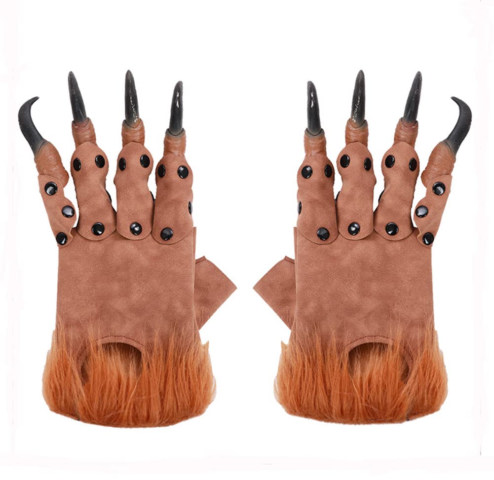 Gants Pattes Animal Adulte - Mitaines Dinosaure/Loup Peluche - Halloween, Cosplay - Taille Unique