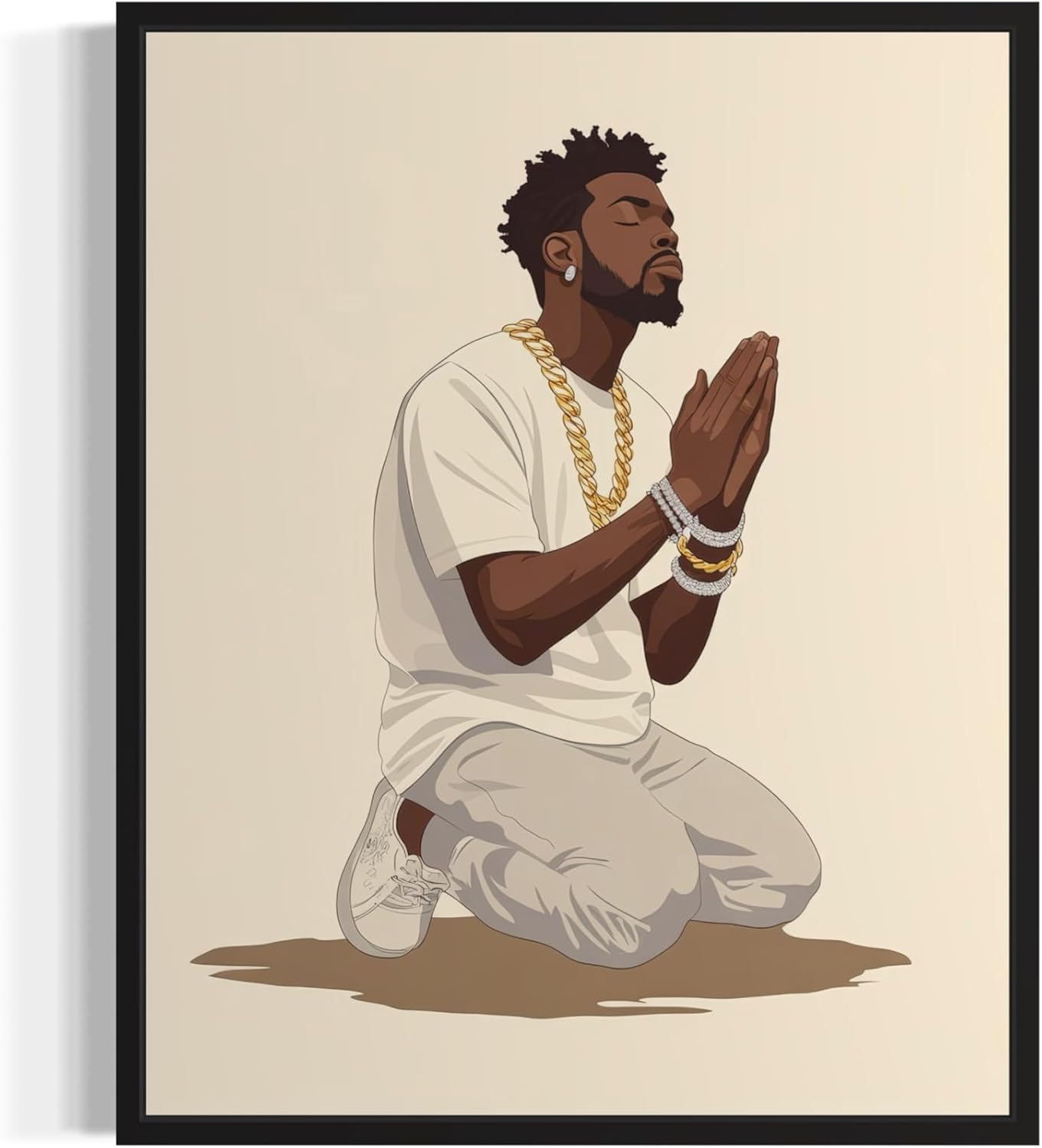 Black Man Praying Wall Art Print Poster, Religious Christain God Painting Church Spiritual Christ Baptist Bible Praying Home Decor 125 (Black Man Praying, 16 x 20 inches, Black Frame)