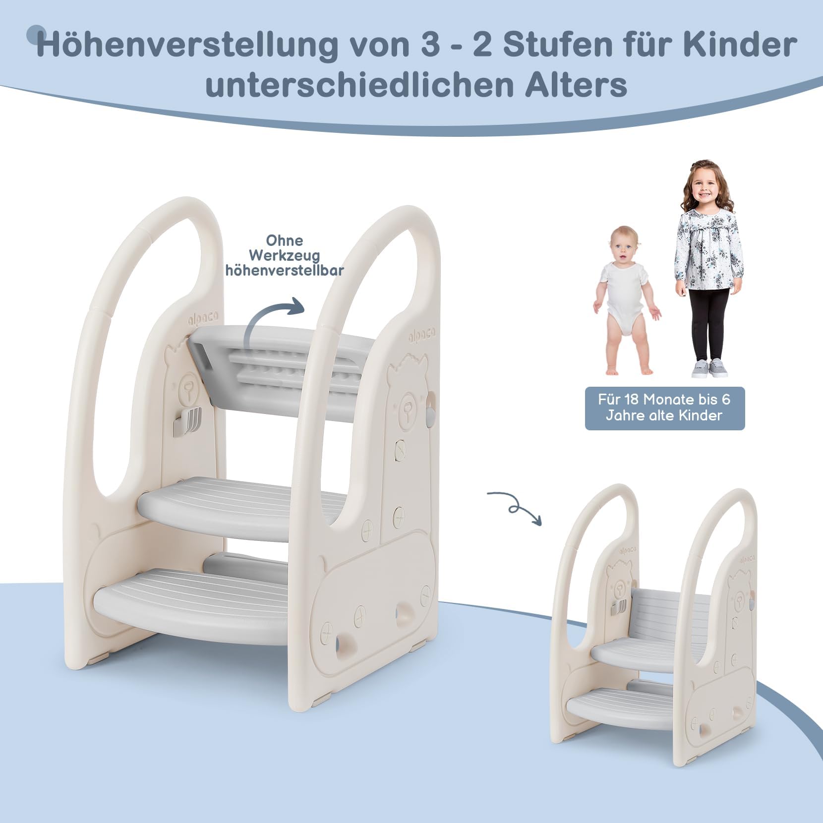 Tritthocker für Kinder, Trittleiter Kinder mit 3 Stufen, Höhenverstellbar, Sicherer, Lernturm, Trittschemel, Tritt-Schemel Kinderschemel für Baby (Weiß/Hellgrau)