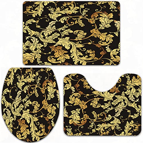 URSOPET Badteppich-Set 3-teilige, rutschfeste,Barocker Luxus-Goldener Blumendamast-Renaissance-Venezianer,rutschfeste…