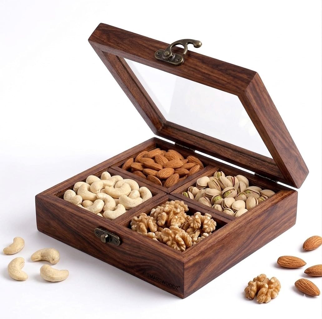 Wooden Dry Fruit Box with Glass Lid, 4 Section Storage Organiser for Nuts and Spices, Handcrafted Gift Box Multipurpose Storage Organizer Nuts, Spices Dining & Festive Gifting-image-29