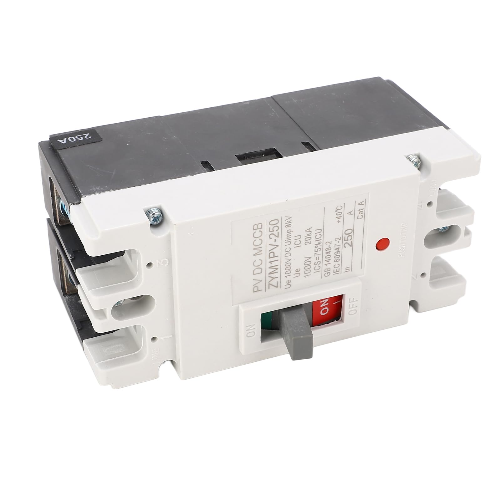 Hyuduo Wyłącznik Obwodu DC 2P Wyłącznik Ochronny Obwodu w Formowanej Obudowie 1000 V 250 A 20KA ze Stykiem ze Stopu Srebra i Uimp 8 KV do Systemów Akumulatorów Fotowoltaicznych i Użytkowników Prądu