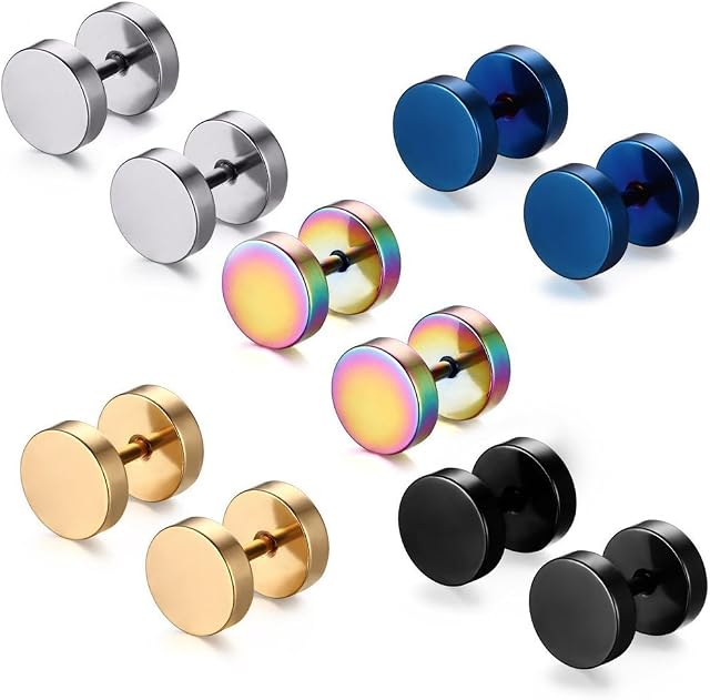 Jaetech House 5 Pairs 8 mm Titanium Stainless Steel Men's Stud Earrings Hoop Tunnel Earrings for Women Fake Plug Earrings Stainless Steel Men's Pierced Punk Style (5 Pairs of Stud Earrings) Multi-Way