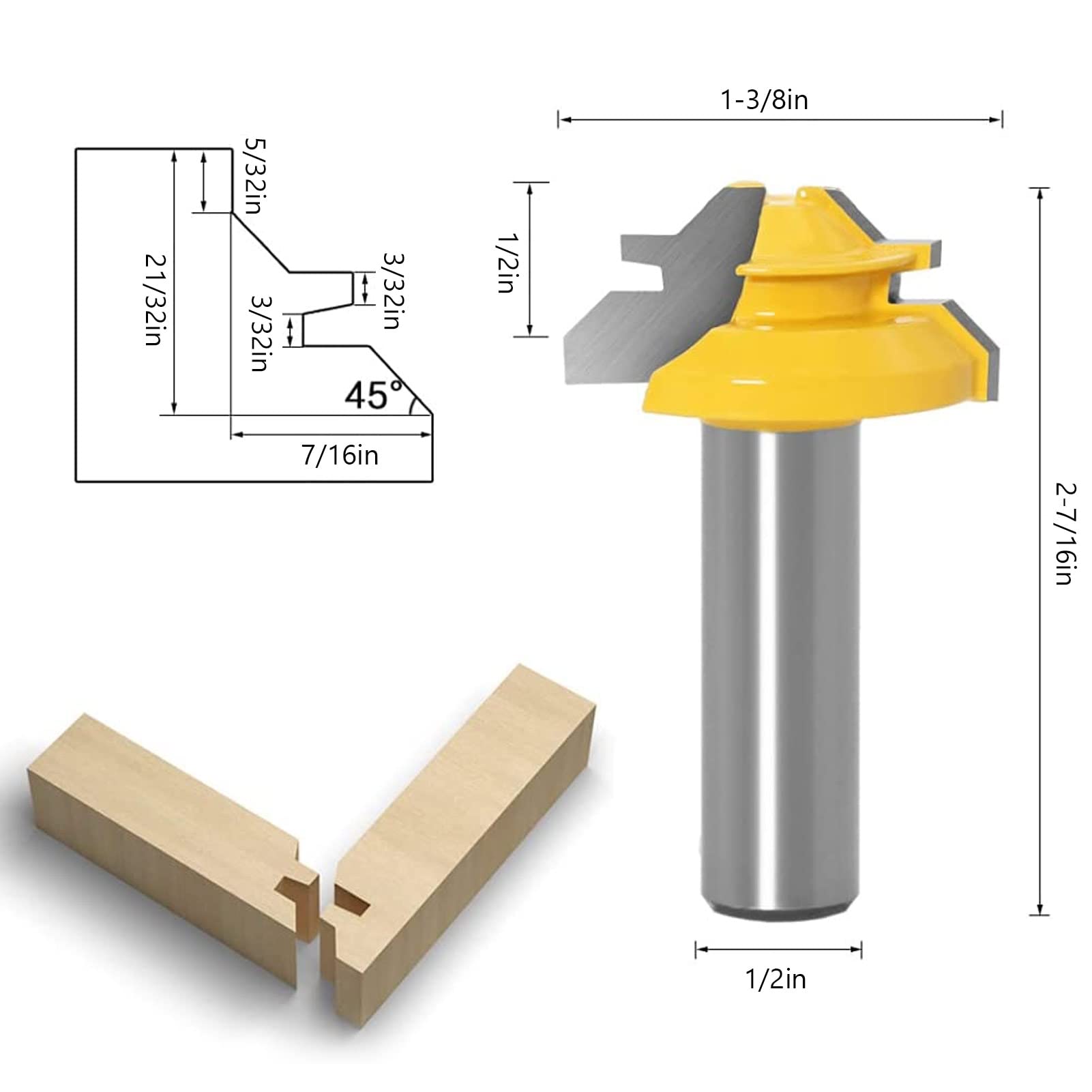 3PCS 1/2in Shank 45° Glue Joint Lock Miter Router Bit Set, Carbon Steel Woodworking Milling Cutter Kit with Different Sizes for MDF, Solid Wood, Particle Board, Cabinet Making