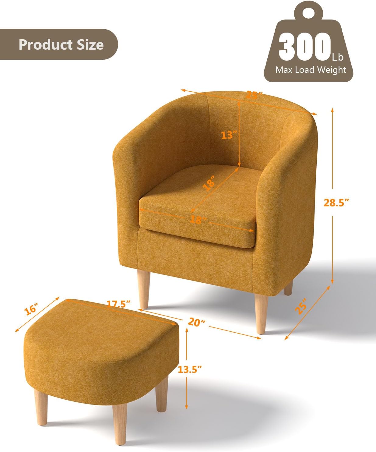 Living Room Chair with Ottoman, Modern Accent Chair, Upholstered Arm Chair Linen Fabric Single Sofa Reading Barrel Chair Foot Rest Comfy Armchair for Bedroom Small Spaces Office (Yellow)