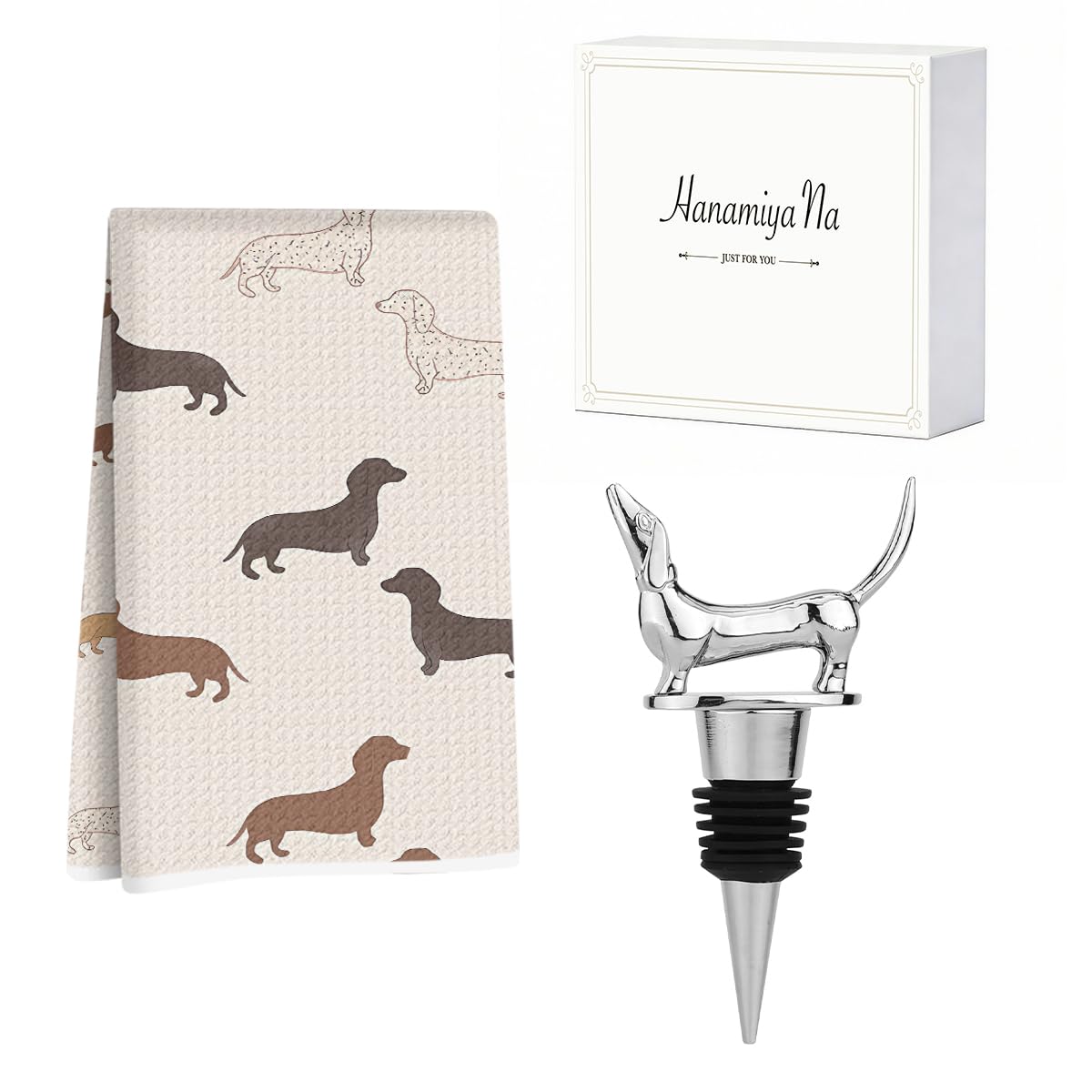 Dachshund Kitchen Towels with Wine Bottle Stopper 24x14 Inch