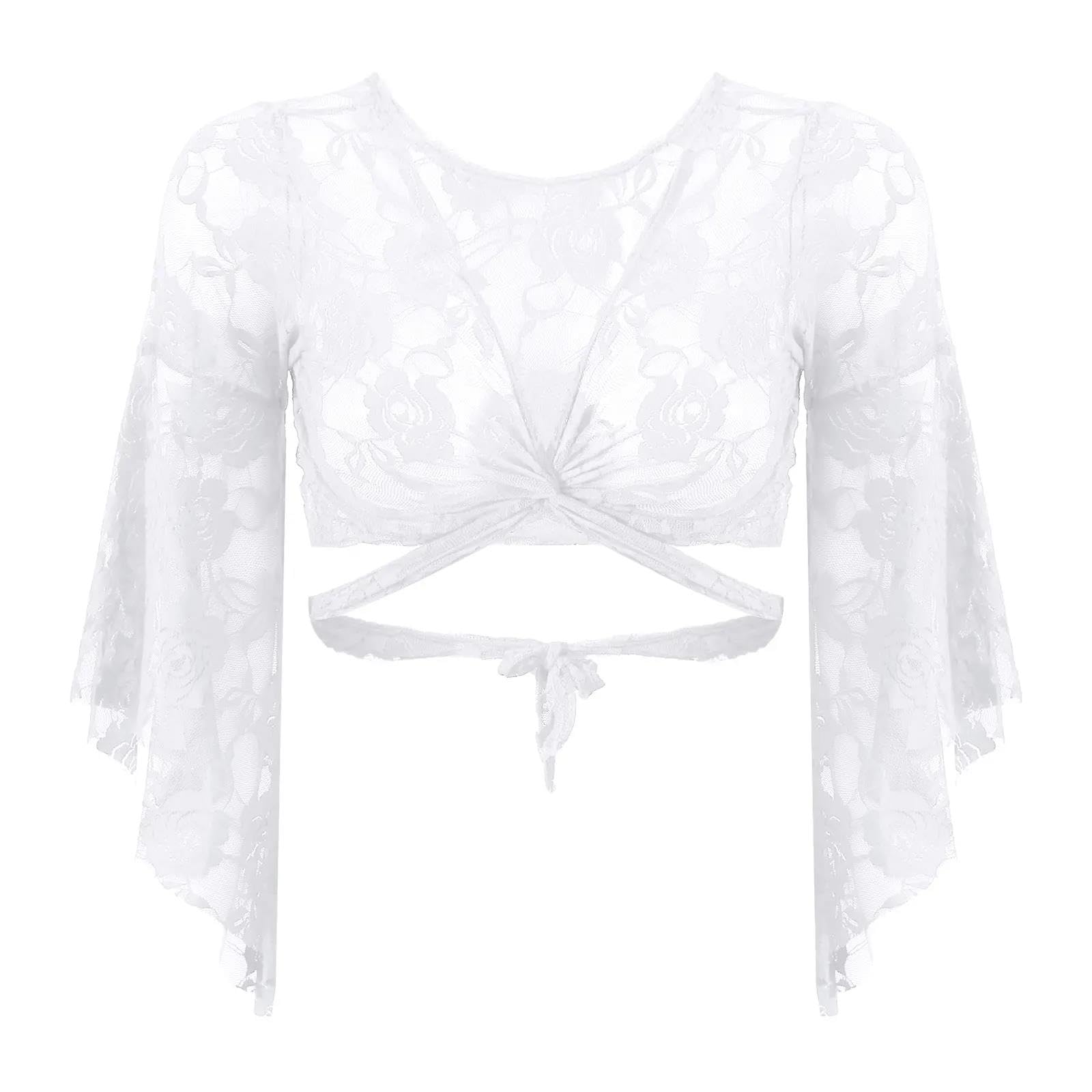 Sexy Damen Crop-Top Mit Ausgestellten Ärmeln Aus Transparenter Spitze Mit Schnürung Und Wickeln