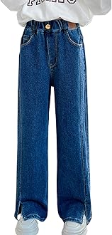 Kids Girls' Fashion Elastic Waist Wide Leg Baggy Denim Pants Straight Washed Loose Jeans Age 5-14 Years