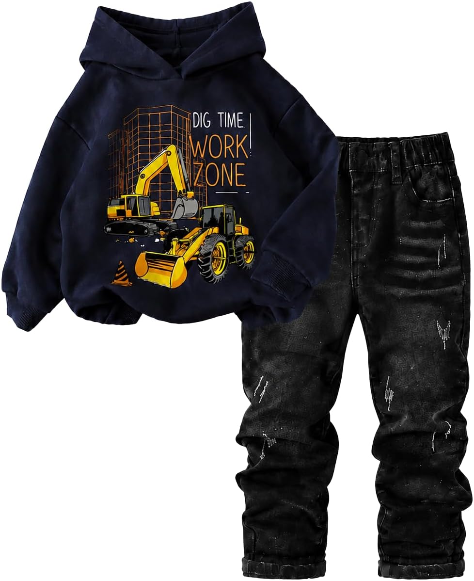 Cakaner Boys Clothes Long Sleeve Hoodie and Jeans Outfit Fall Sweatshirt Set Size 6-12