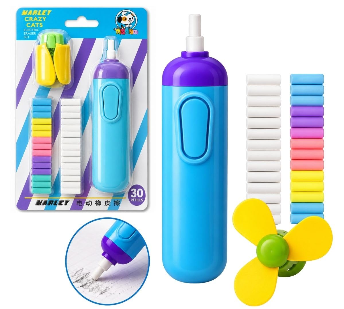 Cute Electric Eraser for Kids with Fan & 30 Refills Battery Operated Automatic Electric Eraser Portable Pencil Eraser Multicolor & White Refills |School Stationery Gift for Boys & Girls |Random Color-image-49