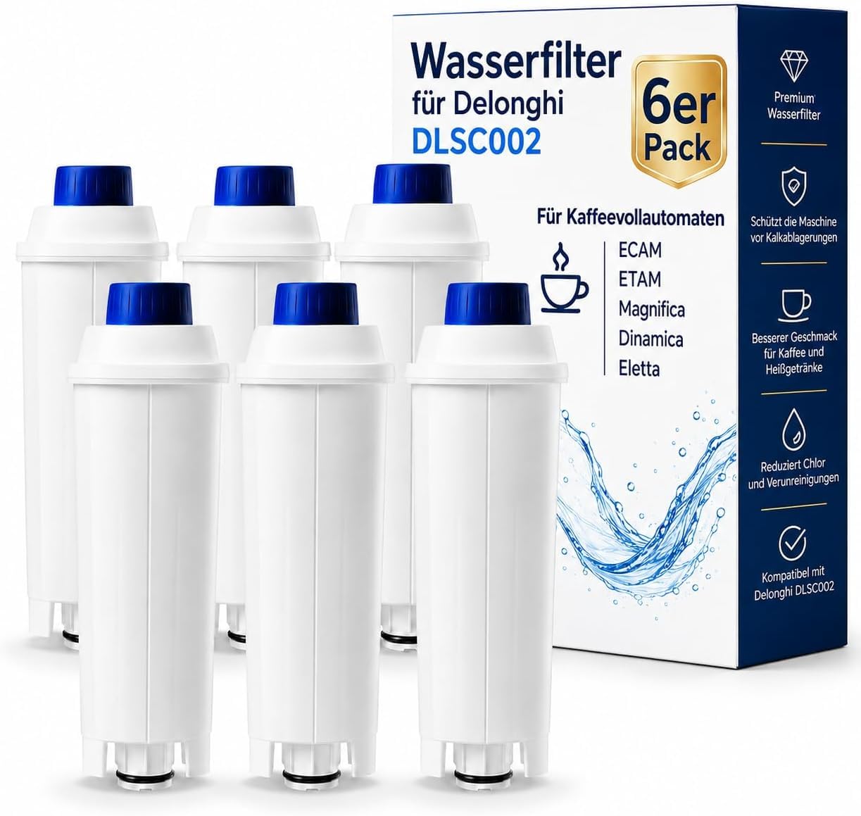 6er-Pack Wasserfilter für De'Longhi DLSC002, kompatibel mit ECAM und ETAM | Kompatibel mit Magnifica, Dinamica und Eletta, Aktivkohle-Ersatzfilter für Kaffeevollautomaten, geschmacksneutral