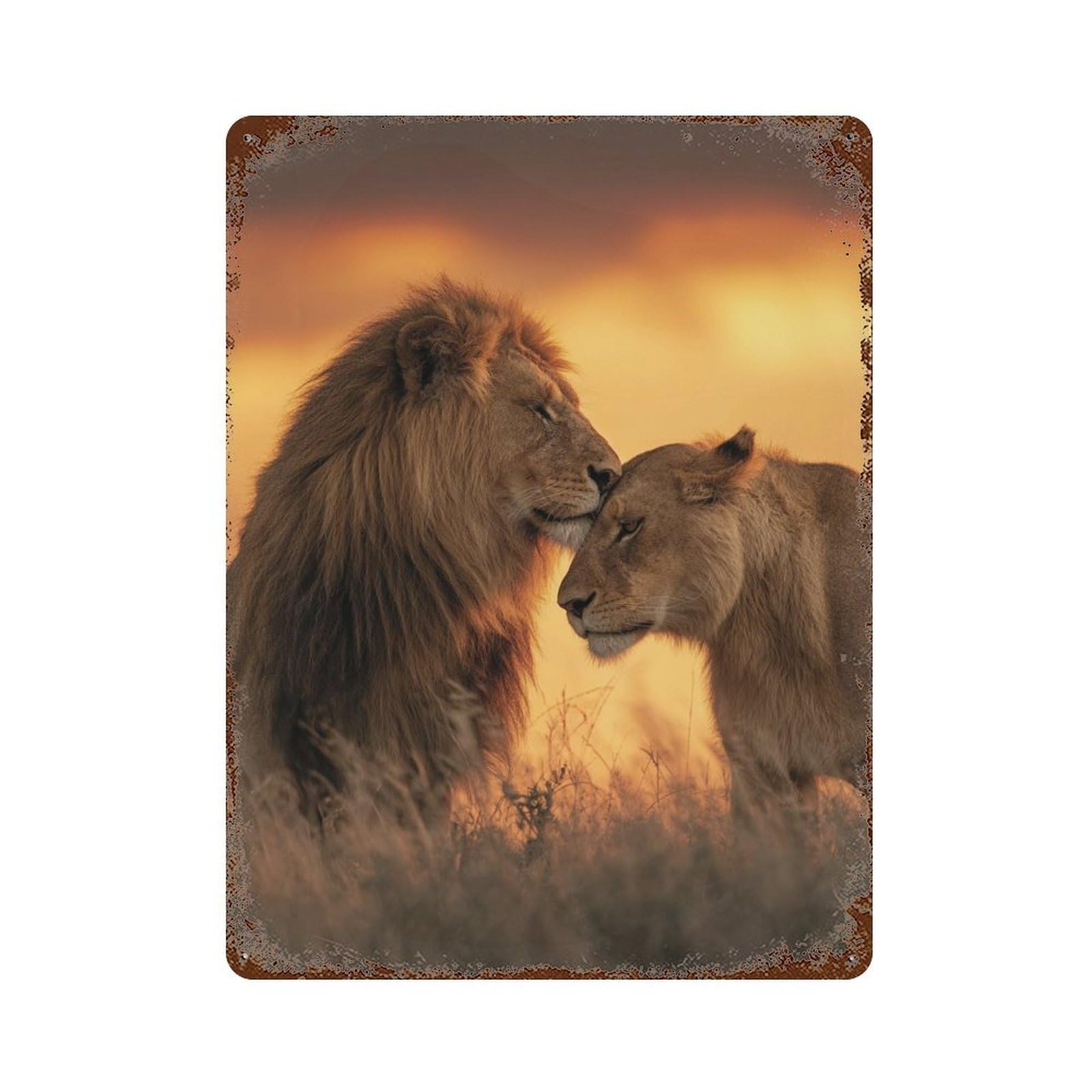 Lion Couple Sunset Romance 15.7"x11.8" Retro Metal Sign, Industrial Home Decor for Office, Studio And Wall Decor