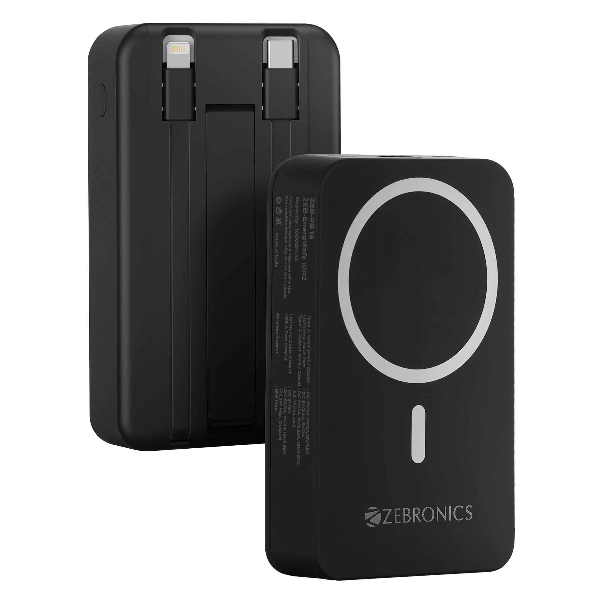 ZEBRONICS EnergiSafe 10R2, Magsafe 15W Wireless Power Bank, 10000 mAh, 22.5W Super Fast Charging PD (PPS), Built-in Stand, Type C & Lightning Cable, 5X Outputs, for iPhone, Airpods (Black)-image-7
