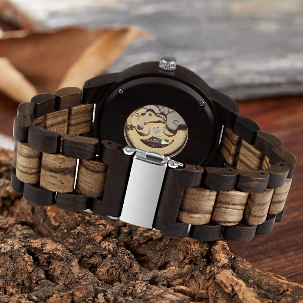 Tiong Herren Holz Mechanische Uhren Skelett Römische Ziffern Automatikaufzug Holzuhr Leichtgewicht für Männer Armbanduhr
