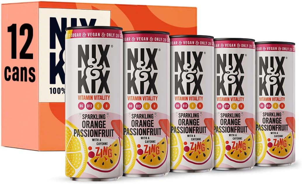 Nix & Kix | Vitamin Vitality | Sparkling Orange and Passionfruit with Added Vitamins | Vitamins B6, B12, C and Vitamin D Natural Drink | Low Sugar and Vegan Friendly | 12 x Can Pack