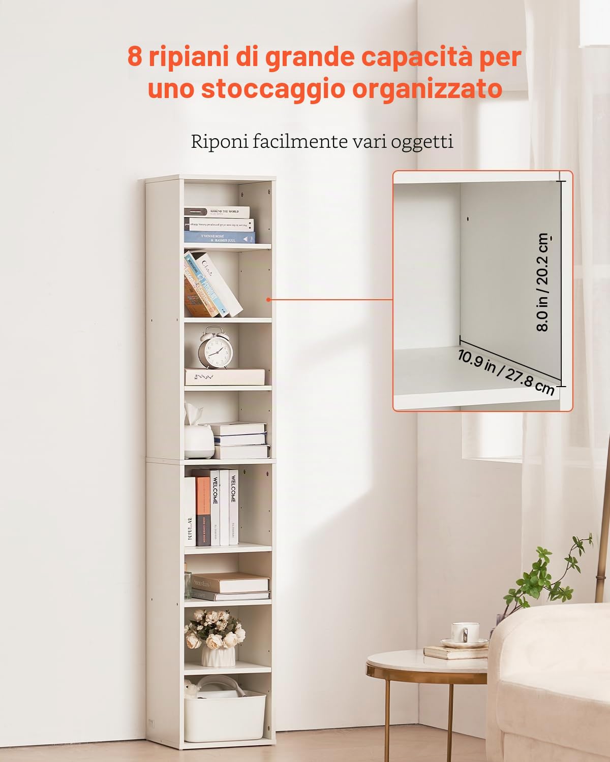 VEVOR Libreria Sottile a 8 Ripiani, Libreria Aperta in Legno Alta 180 cm con Ripiano Regolabile in Altezza, Espositore Autoportante per Riporre a Pavimento, Camera da Letto, Soggiorno, Ufficio, Bianco