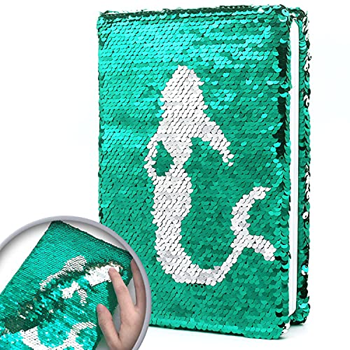 GINMLYDA Wendbares PaillettenNotizbuch für Mädchen niedliche Meerjungfrau A5 Größe kleine Mädchen Tagebuch zum Schreiben Zeichnen perfekte Weihnachten Geburtstag Geschenke (Silber bis Grün 160 Seiten Cover