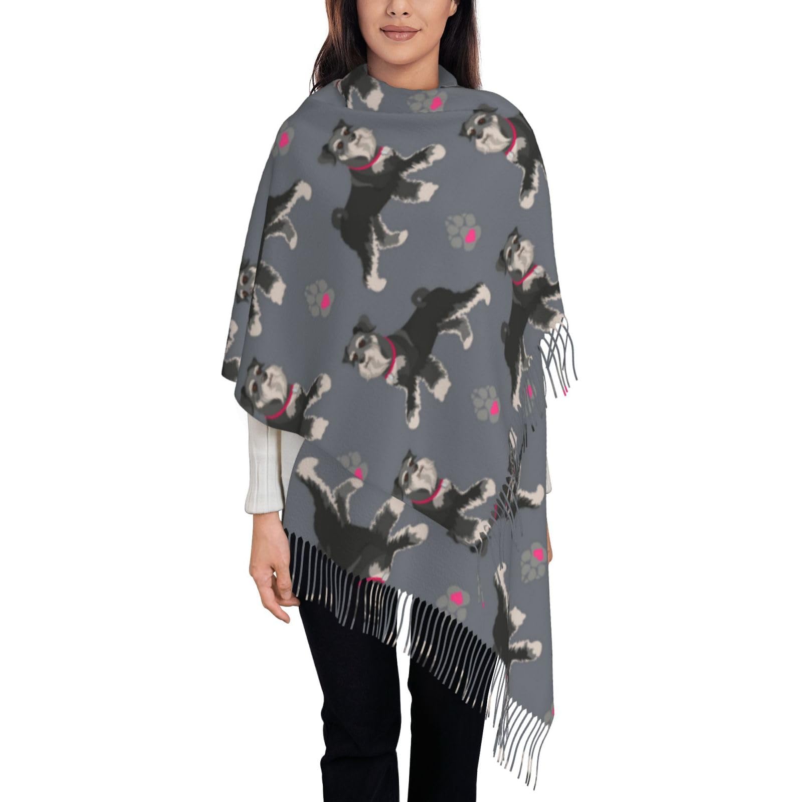 Poadnly Unisex As Picture Cute Dog Of Schnauzer Animal, Large Soft Cashmere Feel Shawls Wraps Women Fringed Scarf Light Stole 197X72 Cm
