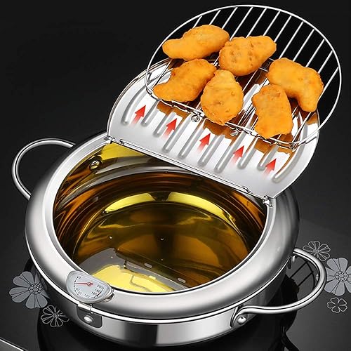 Miniatura 4 de Olla para freír tempura japonesa pequeña olla de acero inoxidable con termómetro, tapa y escurridor de aceite para papas fritas, camarones, alas de