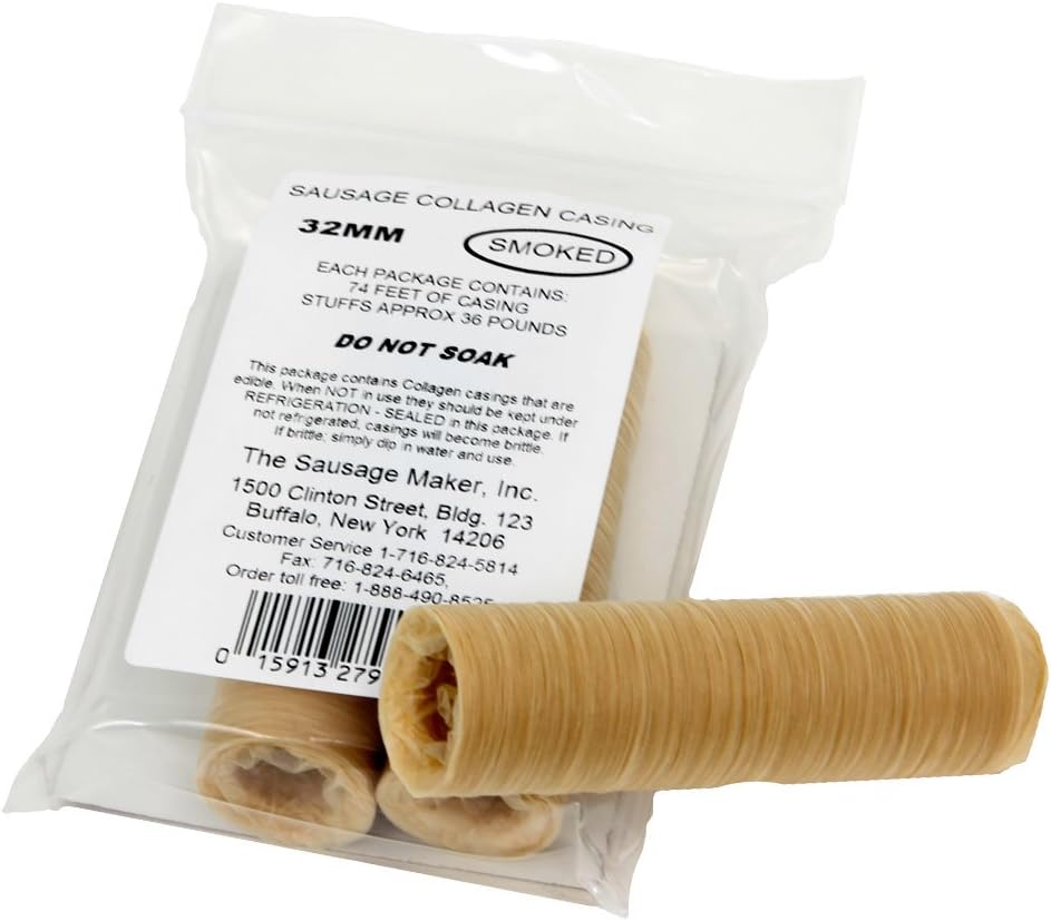 The Sausage Maker® 32mm Collagen Casings For Sausage Making, Edible, Clear, Smoked Beef Collagen Sticks, 1.25” Diameter Bratwurst, Pepperoni, 74 Feet Sausage Skin, Stuff 36 Lbs Meat